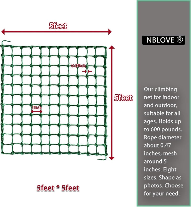 NBLOVE Outdoor & Indoor Premium Climbing Net - 8 Sizes Polyester Fiber. Easy Install with Extras. Handcrafted & Practical. Ideal Gift. (5ft x 5ft) - Image 3